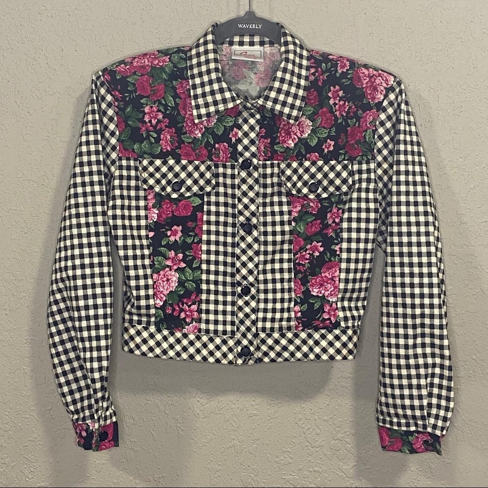 Vintage 90s Checkered Floral Denim Jacket